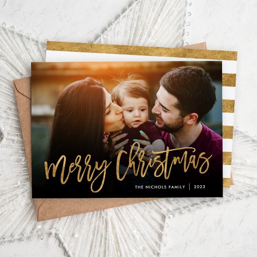 Merry Christmas Gold Script Photo Overlay Feestdagenkaart
