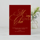 Merry Christmas Gold Script Red Minimal Holiday  Folie Uitnodiging (Staand Voorkant)