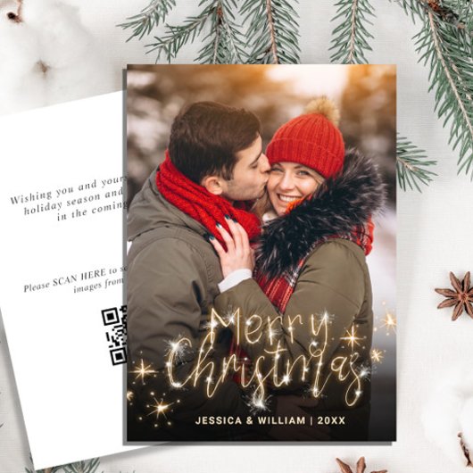 Merry Christmas Gold Sparkle FOTO QR-code Feestdagenkaart