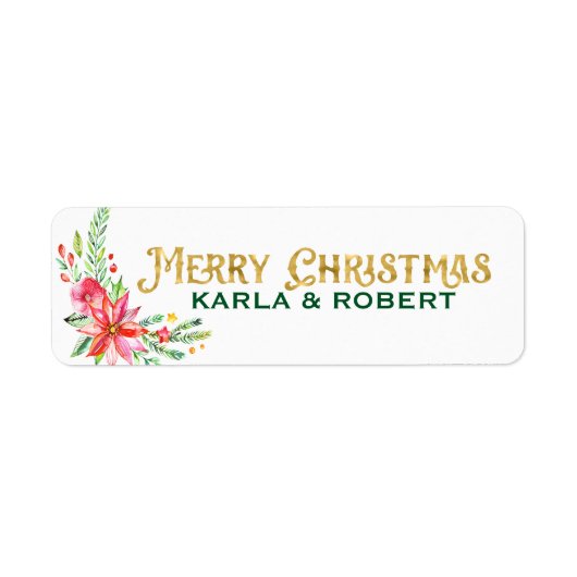 Merry Christmas Gold Typography and Floral Bouquet Etiket (Voorkant)