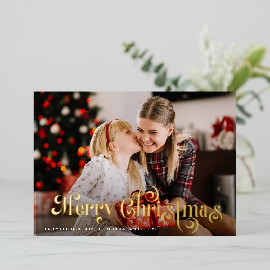 Merry Christmas Golden folie Lettering Folie Feestdagenkaart (Staand Voorkant)