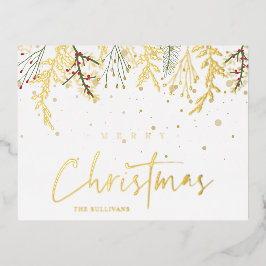 Merry Christmas Golden Snow Effect and Branches Folie Feestdagen Briefkaart