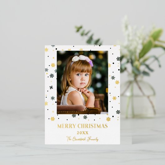 Merry Christmas Golden Snowflakes Family Photo Folie Feestdagen Briefkaart (Staand Voorkant)