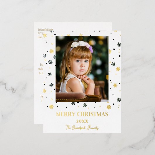 Merry Christmas Golden Snowflakes Family Photo Folie Feestdagen Briefkaart (Voorkant / Achterkant)