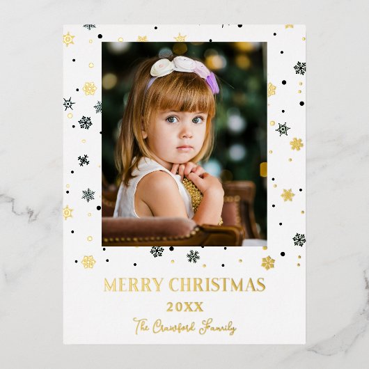Merry Christmas Golden Snowflakes Family Photo Folie Feestdagen Briefkaart (Voorkant)