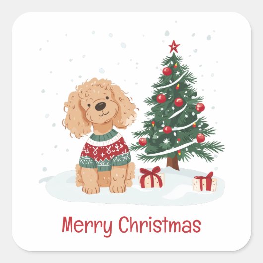 Merry Christmas Goldendoodle Dog Vierkante Sticker (Voorkant)
