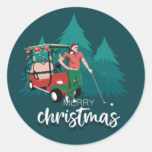 MERRY CHRISTMAS  GOLFER GOLF CAR RONDE STICKER (Voorkant)