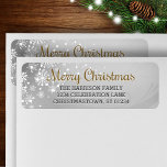 Merry Christmas (goud) Snowfrosted Label<br><div class="desc">zilverkleurige,  vrolijke achtergrond met een strooiende sneeuwvlokken in de hoek en gouden Merry Christmas-belettering,  op deze aangepaste,  gepersonaliseerde adresetiketten.</div>