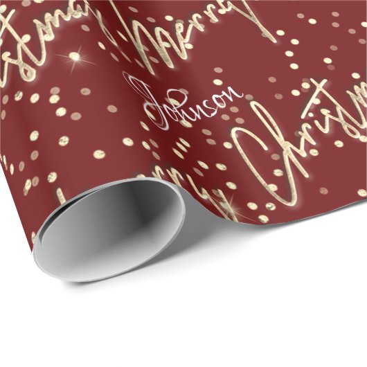 Merry Christmas Gouden Script Naam Royal Bourgondi Cadeaupapier (Rol Hoek)
