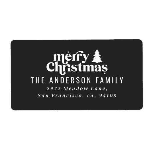 Merry Christmas graphic tree retro zwart Etiket (Voorkant)