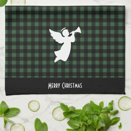 Merry Christmas Green & Black Buffalo Plaid Angel Theedoek (Gevouwen)
