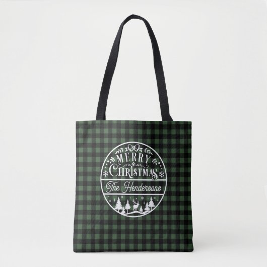 Merry Christmas Green & Black Buffalo Plaid Custom Tote Bag (Voorkant)