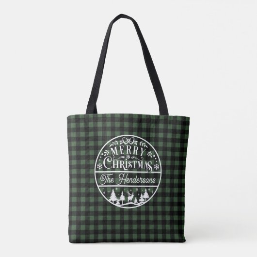 Merry Christmas Green & Black Buffalo Plaid Custom Tote Bag (Achterkant)