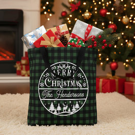 Merry Christmas Green & Black Buffalo Plaid Custom Tote Bag