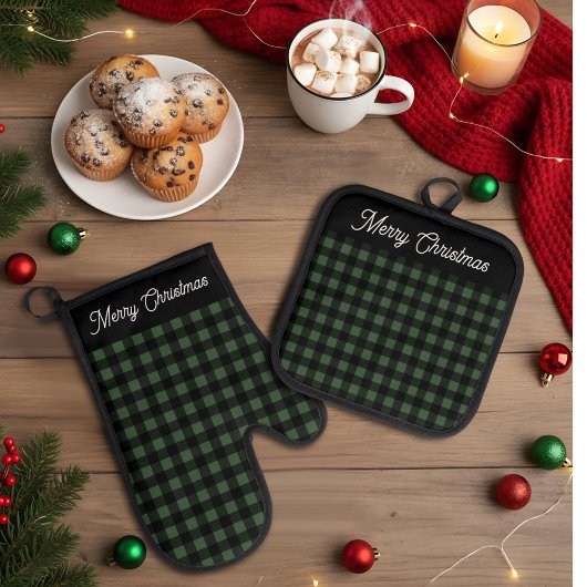Merry Christmas Green & Black Buffalo Plaid Ovenwant & Pannenlap Set