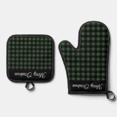 Merry Christmas Green & Black Buffalo Plaid Ovenwant & Pannenlap Set (Voorkant)