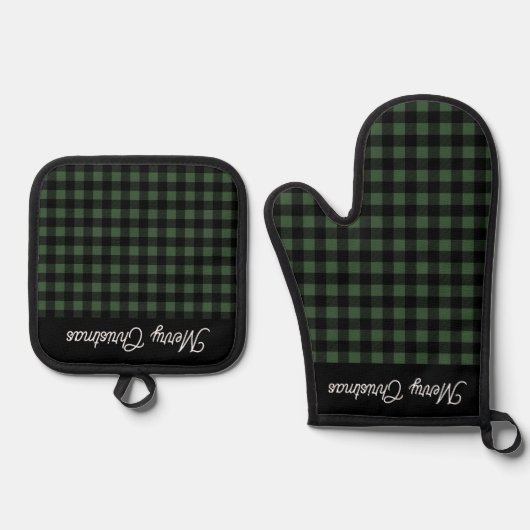 Merry Christmas Green & Black Buffalo Plaid Ovenwant & Pannenlap Set (Voorkant)