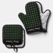 Merry Christmas Green & Black Buffalo Plaid Ovenwant & Pannenlap Set (Voorkant / Achterkant)