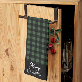 Merry Christmas Green & Black Buffalo Plaid Theedoek