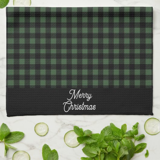Merry Christmas Green & Black Buffalo Plaid Theedoek (Gevouwen)