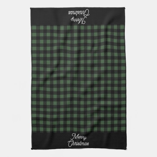 Merry Christmas Green & Black Buffalo Plaid Theedoek (Verticaal)