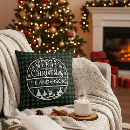 Merry Christmas Green & Black Plaid Custom Name Kussen