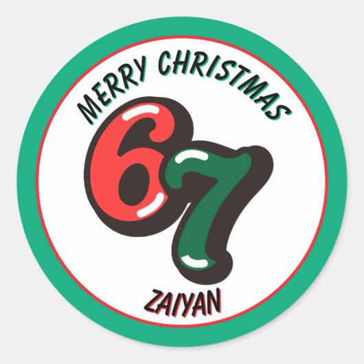 Merry Christmas Green Numbers 6 & 7 Custom Name Ronde Sticker (Voorkant)