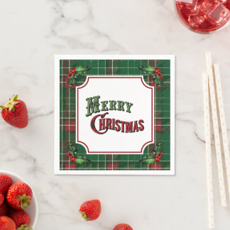 Merry Christmas Green Plaid with Holly Servet