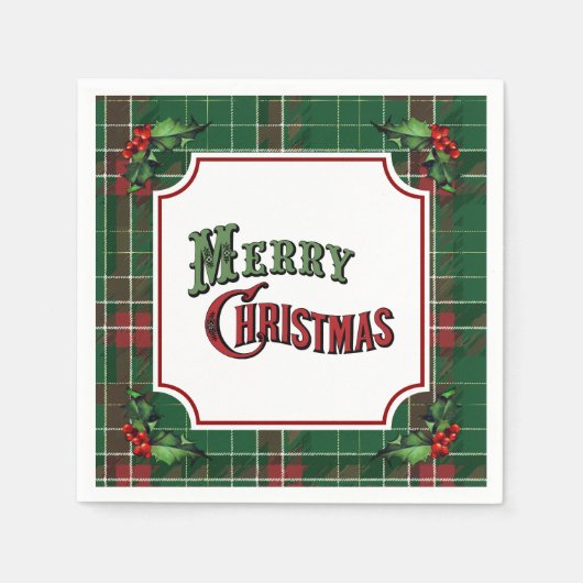 Merry Christmas Green Plaid with Holly Servet (Voorkant)