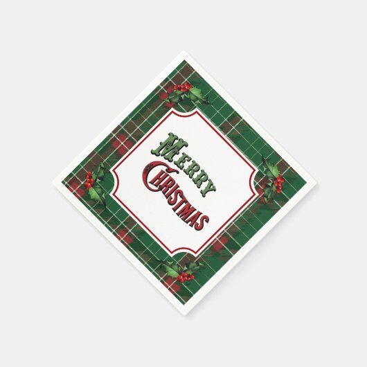 Merry Christmas Green Plaid with Holly Servet (Hoek)