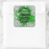Merry Christmas Green White snowflakes green gems  Vierkante Sticker (Tas)