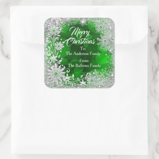 Merry Christmas Green White snowflakes green gems  Vierkante Sticker (Tas)