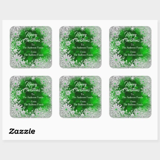 Merry Christmas Green White snowflakes green gems  Vierkante Sticker (Vel)