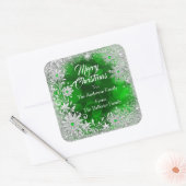 Merry Christmas Green White snowflakes green gems  Vierkante Sticker (Envelop)
