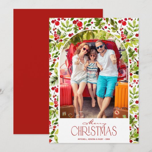Merry Christmas Greenery and Holly Photo Feestdagenkaart (Voorkant / Achterkant)