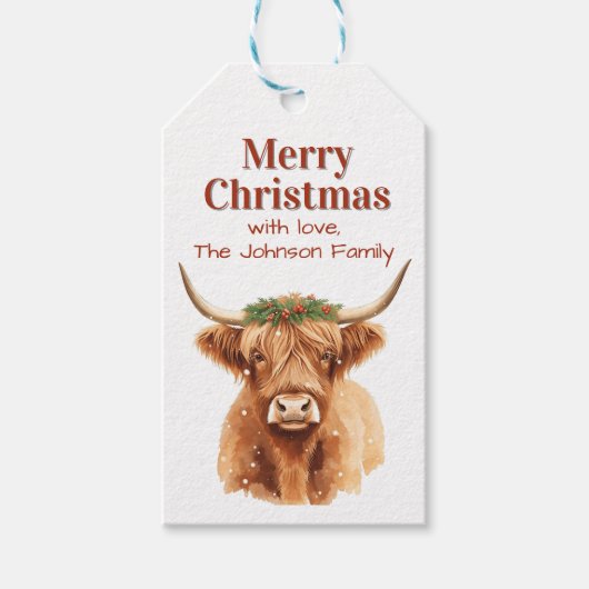 Merry Christmas Greenery Highland Miniature Cow Cadeaulabel (Voorkant)