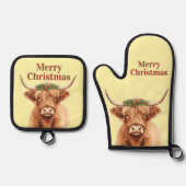 Merry Christmas Greenery Highland Miniature Cow Ovenwant & Pannenlap Set (Voorkant)