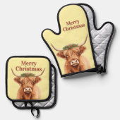 Merry Christmas Greenery Highland Miniature Cow Ovenwant & Pannenlap Set (Voorkant / Achterkant)