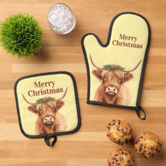 Merry Christmas Greenery Highland Miniature Cow Ovenwant & Pannenlap Set
