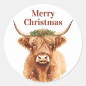 Merry Christmas Greenery Highland Miniature Cow Ronde Sticker (Voorkant)