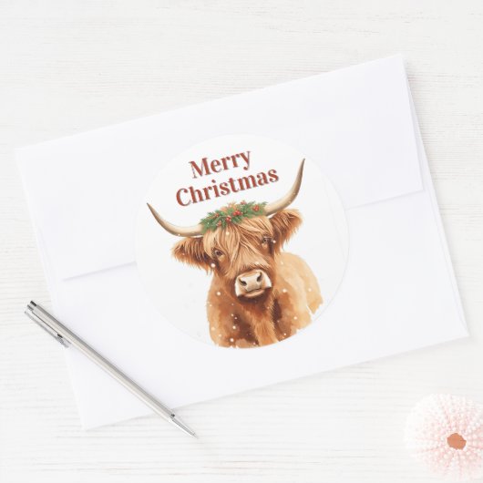 Merry Christmas Greenery Highland Miniature Cow Ronde Sticker (Envelop)