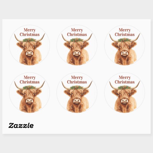 Merry Christmas Greenery Highland Miniature Cow Ronde Sticker (Vel)