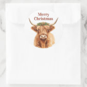 Merry Christmas Greenery Highland Miniature Cow Ronde Sticker (Tas)
