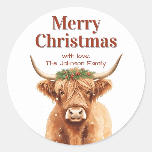 Merry Christmas Greenery Highland Miniature Cow Ronde Sticker (Voorkant)