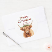 Merry Christmas Greenery Highland Miniature Cow Ronde Sticker (Envelop)