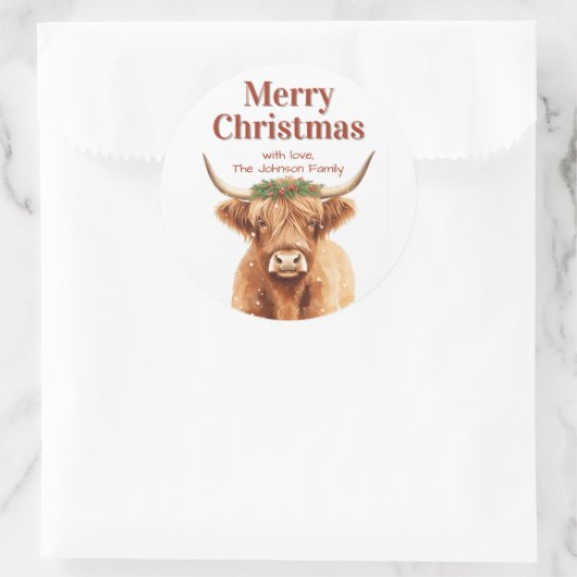 Merry Christmas Greenery Highland Miniature Cow Ronde Sticker (Tas)