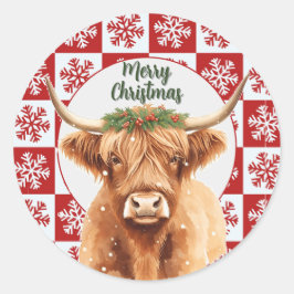Merry Christmas Greenery Highland Miniature Cow Ronde Sticker