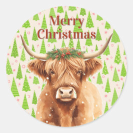Merry Christmas Greenery Highland Miniature Cow Ronde Sticker