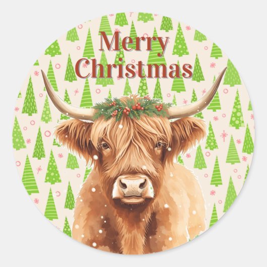 Merry Christmas Greenery Highland Miniature Cow Ronde Sticker (Voorkant)
