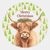Merry Christmas Greenery Highland Miniature Cow Ronde Sticker (Voorkant)
